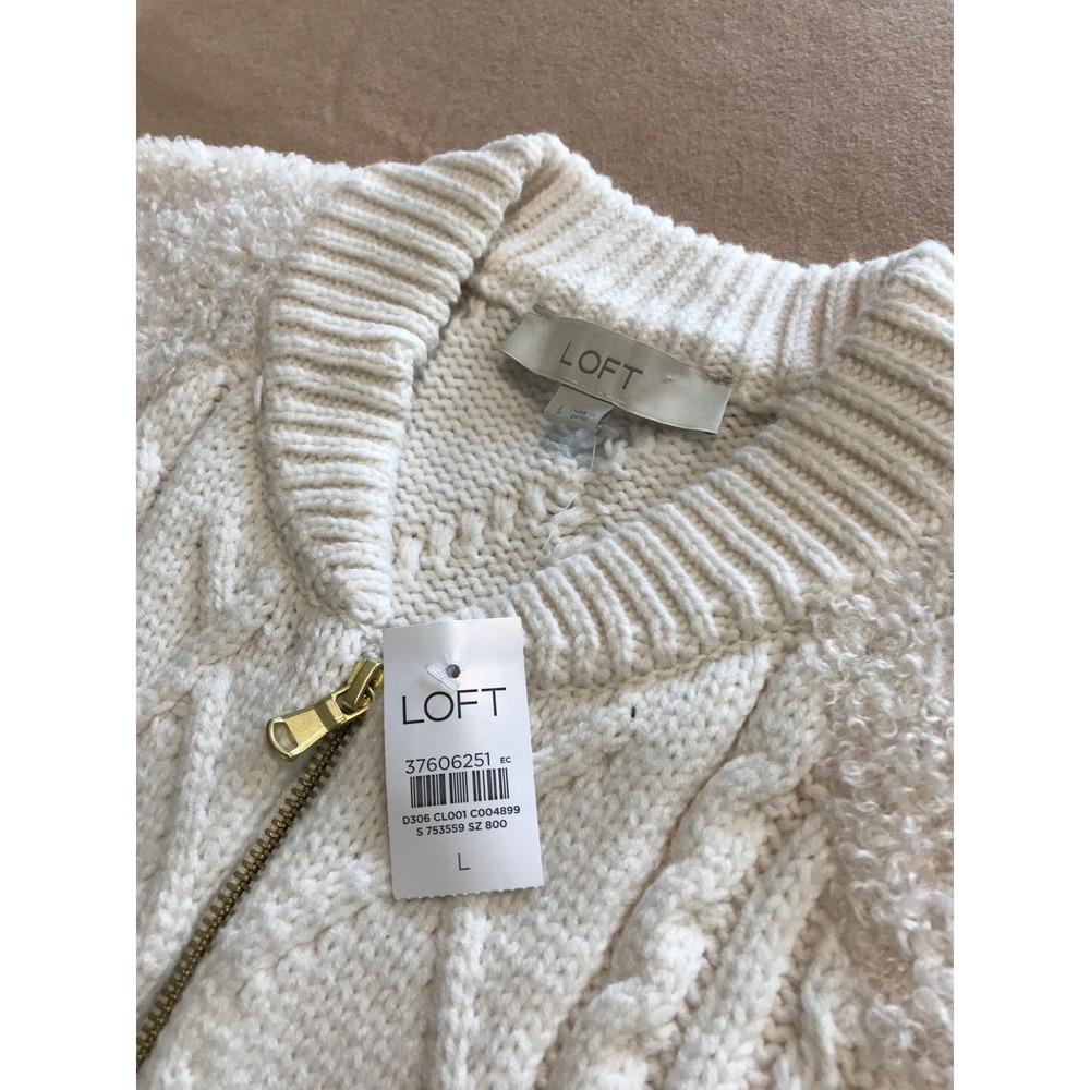 Loft Womens Ivory Cable Knit Popcorn Sleeve Zip Front Cardigan Sweater Large NWT - Picture 5 of 8